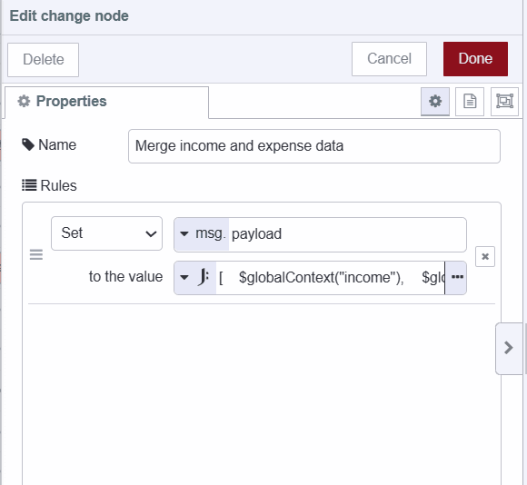 Screenshot displaying the change node setting JSON expression to payload for retrieving and sorting data. "Screenshot displaying the change node setting JSON expression to payload for retrieving and sorting data."