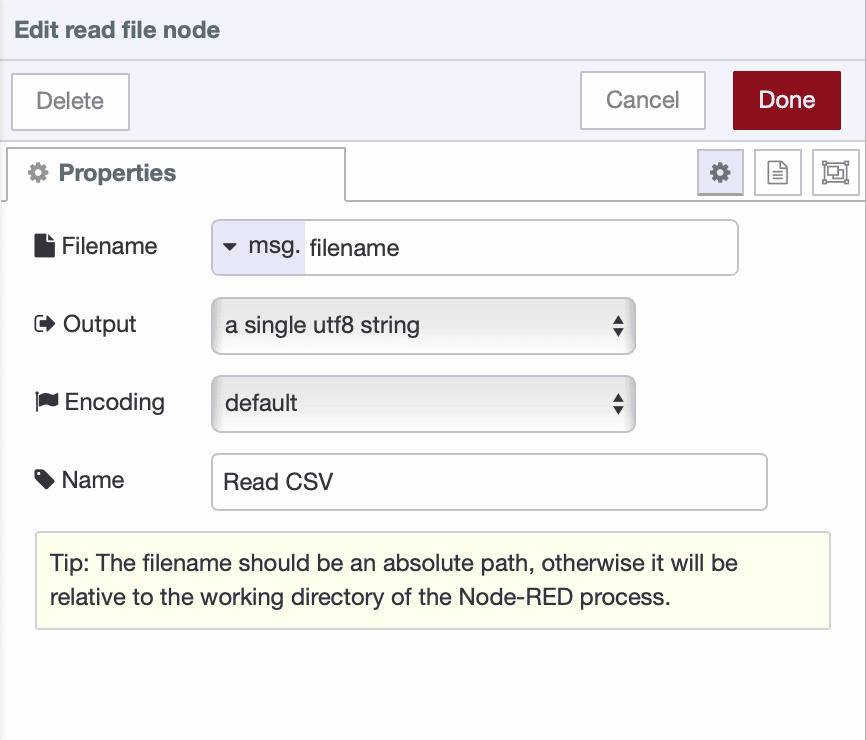 Configuration screen of the Read File node showing filename set to msg.filename, output format as utf8 string, and default encoding